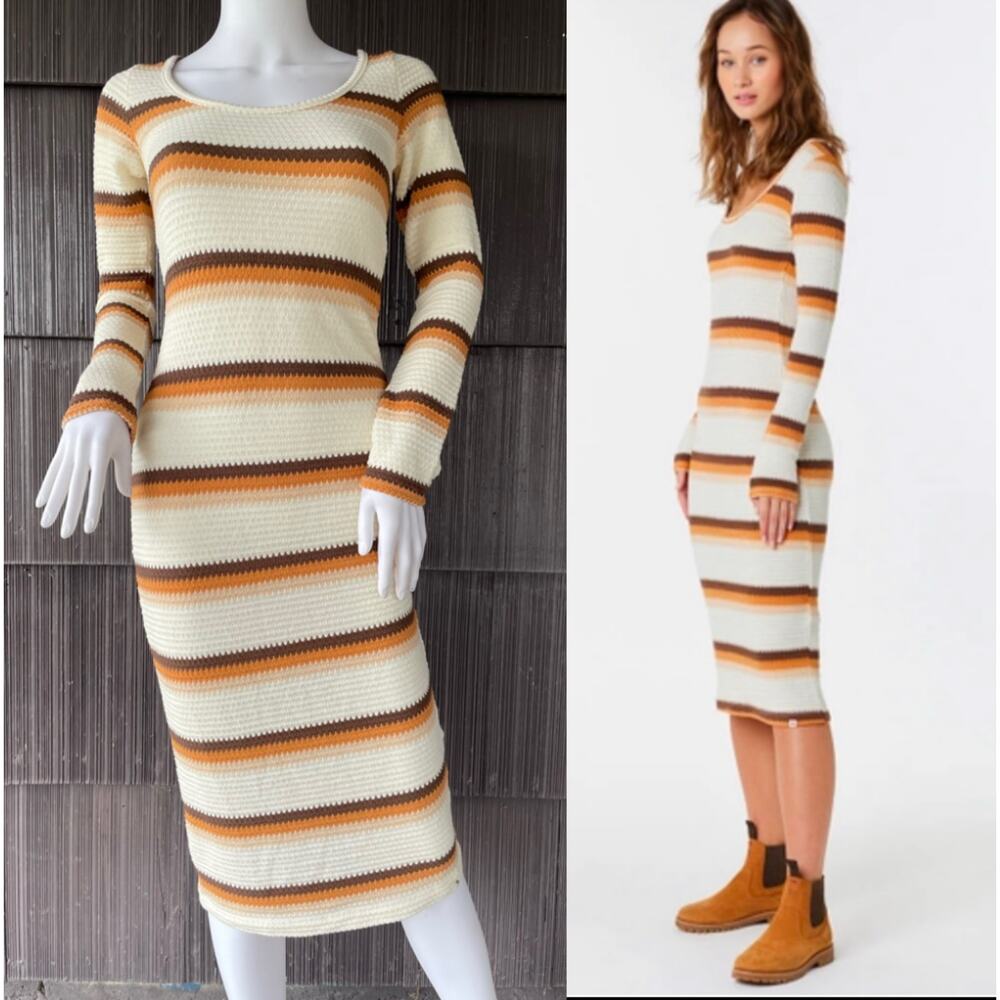 Rip Curl Striped Midi Dress - Cream, Brown, Orange